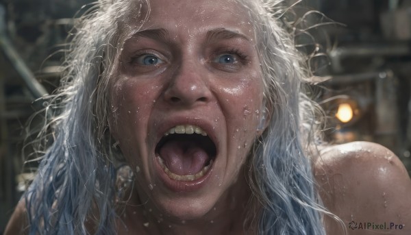 1girl,solo,long hair,looking at viewer,open mouth,blue eyes,blue hair,white hair,nude,teeth,tongue,water,blurry,lips,wet,depth of field,blurry background,portrait,close-up,realistic,nose,wet hair,uvula,blonde hair,bare shoulders,eyelashes,rain