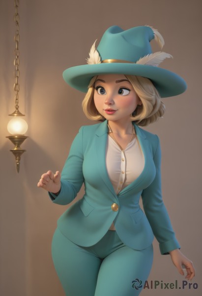 1girl,solo,breasts,smile,short hair,blue eyes,blonde hair,large breasts,shirt,long sleeves,hat,medium breasts,closed mouth,standing,jacket,white shirt,cowboy shot,collared shirt,pants,artist name,lips,looking to the side,makeup,buttons,looking away,formal,suit,feathers,lipstick,blue jacket,blue headwear,brown background,lantern,blue pants,red lips,lamp,hat feather,green pants,light bulb,aqua jacket,blush,simple background,brown eyes,collarbone,light