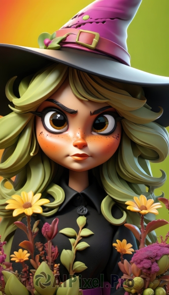 1girl,solo,long hair,looking at viewer,blush,bangs,blonde hair,shirt,hat,brown eyes,closed mouth,upper body,flower,green hair,collared shirt,belt,artist name,lips,v-shaped eyebrows,gradient,black shirt,gradient background,eyelashes,makeup,witch hat,buttons,frown,leaf,thick eyebrows,plant,lipstick,angry,buckle,pink flower,freckles,yellow flower,witch,orange flower,yellow eyes