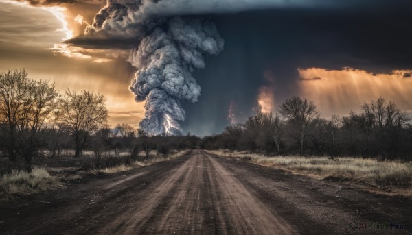 outdoors,sky,cloud,tree,no humans,cloudy sky,grass,nature,scenery,forest,sunset,monster,mountain,road,landscape,sunlight,fire,lightning