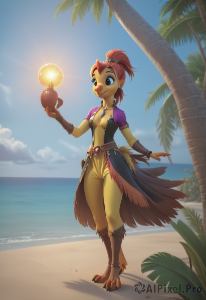 1girl,solo,breasts,smile,short hair,skirt,hair ornament,navel,holding,animal ears,cleavage,brown eyes,jewelry,medium breasts,closed mouth,standing,collarbone,tail,full body,ponytail,weapon,short sleeves,red hair,earrings,small breasts,outdoors,sky,shorts,barefoot,solo focus,day,belt,artist name,cloud,hand up,signature,water,necklace,orange hair,blurry,black eyes,tree,blue sky,blurry background,ocean,watermark,beach,happy,feathers,high ponytail,gem,web address,claws,furry,walking,animal hands,hair tie,sand,palm tree,furry female,sun,horizon,bracer,body fur,animal nose,topknot,showgirl skirt,snout,animal feet,bangs,brown hair,dress,boots,pants,looking to the side,glowing,brown footwear,sunlight,lens flare,freckles,light rays,brown belt,multicolored skin,brown fur,two-tone fur,yellow fur,bird girl