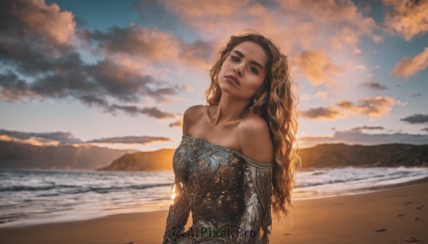 1girl,solo,long hair,breasts,looking at viewer,blue eyes,blonde hair,brown hair,dress,bare shoulders,jewelry,medium breasts,collarbone,upper body,earrings,outdoors,sky,cloud,dark skin,water,off shoulder,dark-skinned female,lips,strapless,blue dress,ocean,wavy hair,beach,cloudy sky,strapless dress,curly hair,sunset,realistic,nose,sand,off-shoulder dress,arms at sides,looking afar,brown eyes,parted lips,day,sunlight,thick eyebrows,looking up,backlighting,horizon,waves,shore