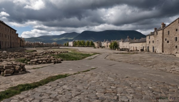 outdoors,sky,day,cloud,tree,blue sky,no humans,cloudy sky,grass,building,nature,scenery,mountain,road,wall,house,landscape,path,rock,ruins,castle,town,stone wall