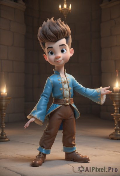 solo,looking at viewer,smile,short hair,brown hair,long sleeves,1boy,brown eyes,standing,full body,male focus,boots,belt,pants,artist name,indoors,wide sleeves,black eyes,brown footwear,spiked hair,child,brown belt,candle,male child,brown pants,watermark,fire,candlestand