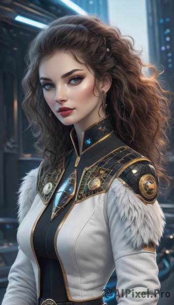 1girl,solo,long hair,breasts,looking at viewer,blue eyes,brown hair,long sleeves,jewelry,medium breasts,closed mouth,jacket,upper body,earrings,belt,blurry,lips,coat,grey eyes,fur trim,makeup,blurry background,wavy hair,white jacket,lipstick,brooch,gem,forehead,eyeshadow,curly hair,nose,white coat,red lips,eyeliner,hair pulled back,artist name,eyelashes,backlighting,realistic