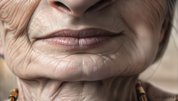 solo,open mouth,black hair,1boy,male focus,teeth,blurry,lips,blurry background,close-up,veins,realistic,1girl,sweater,depth of field,head out of frame