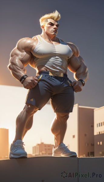 solo,looking at viewer,short hair,blonde hair,shirt,1boy,jewelry,full body,male focus,earrings,outdoors,shoes,shorts,artist name,bracelet,muscular,thick thighs,black shorts,abs,sunglasses,thick eyebrows,tank top,pectorals,muscular male,spiked hair,building,sneakers,bara,clenched hands,large pectorals,veins,blue shorts,watch,wristwatch,midriff peek,manly,white tank top,biceps,thick arms,sidepec,veiny arms,closed mouth,underwear,nipples,thighs,sky,teeth,belt,tattoo,facial hair,bulge,sunset,city,male underwear,undercut,covered abs