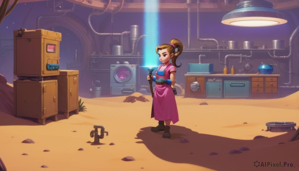 1girl,solo,long hair,smile,brown hair,hair ornament,gloves,dress,holding,standing,ponytail,short sleeves,boots,pointy ears,indoors,fingerless gloves,black eyes,apron,shadow,brown footwear,scrunchie,high ponytail,robot,star (sky),pink dress,hair scrunchie,science fiction,space,wide shot,laser,looking at viewer,blue eyes,jewelry,closed mouth,full body,belt,box,purple dress,cable,radio,crate,machine