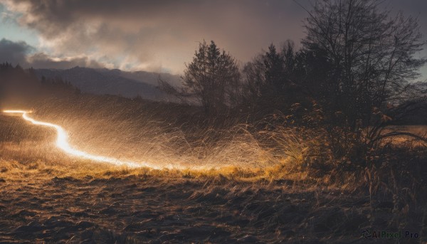 outdoors,sky,cloud,tree,no humans,cloudy sky,grass,nature,scenery,forest,mountain,bare tree,lightning,landscape,field