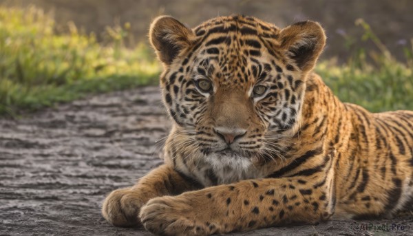 solo,looking at viewer,closed mouth,full body,outdoors,lying,day,signature,blurry,no humans,depth of field,blurry background,animal,grass,plant,on stomach,realistic,animal focus,whiskers,tiger