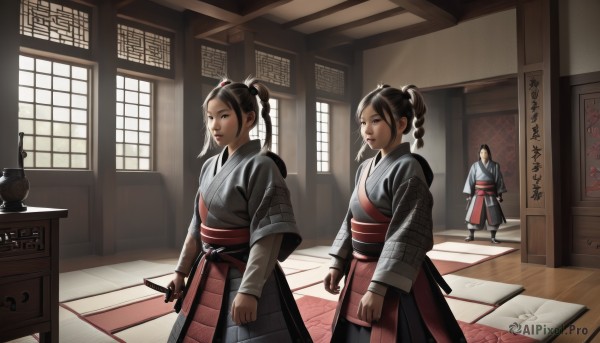 long hair,looking at viewer,multiple girls,brown hair,black hair,long sleeves,1boy,holding,2girls,brown eyes,standing,weapon,braid,japanese clothes,sword,indoors,holding weapon,armor,black eyes,twin braids,sash,window,holding sword,chinese clothes,sheath,wooden floor,architecture,east asian architecture,scroll,twintails,siblings,sunlight,aged down,child,realistic