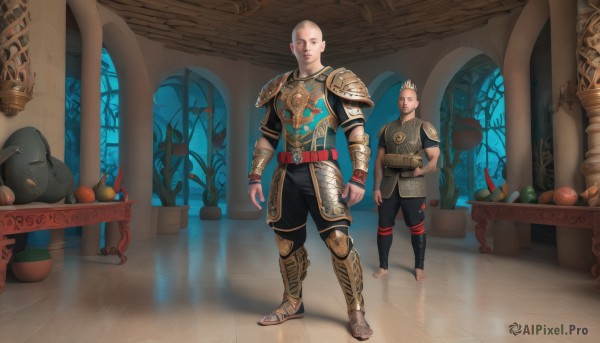 blonde hair,jewelry,standing,male focus,food,multiple boys,barefoot,belt,indoors,2boys,armor,window,fruit,facial hair,scar,facial mark,shoulder armor,reflection,walking,pauldrons,apple,bald,greaves,orange (fruit),mohawk,black hair,white hair,tattoo,helmet,crown,plant