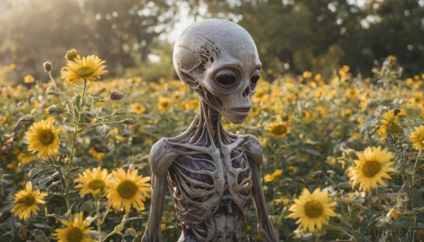 solo, upper body, flower, outdoors, blurry, no humans, blurry background, 1other, yellow flower, sunflower, field, flower field, alien, humanoid robot