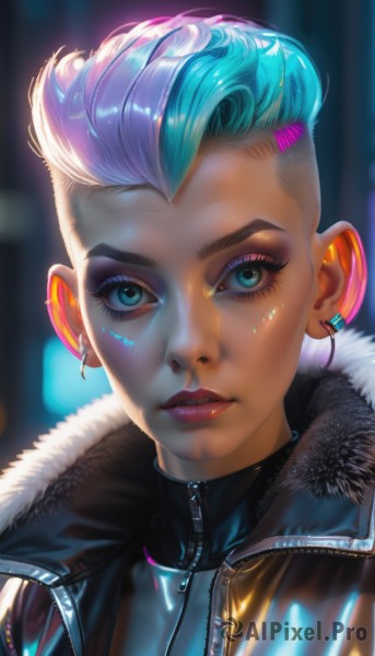 1girl,solo,looking at viewer,short hair,blue eyes,jewelry,blue hair,jacket,pink hair,white hair,multicolored hair,earrings,parted lips,shiny,blurry,two-tone hair,aqua eyes,lips,fur trim,eyelashes,aqua hair,bodysuit,makeup,blurry background,lipstick,portrait,eyeshadow,zipper,asymmetrical hair,nose,red lips,eyeliner,very short hair,undercut,mascara,cyberpunk,k/da (league of legends),upper body,purple hair,open clothes,artist name,black jacket,turtleneck,piercing,close-up,realistic,unzipped,stud earrings,leather,leather jacket