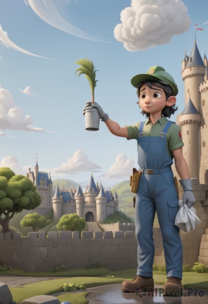 1girl,solo,smile,short hair,shirt,black hair,gloves,hat,holding,brown eyes,standing,full body,short sleeves,outdoors,sky,shoes,day,collared shirt,belt,cloud,white gloves,tree,blue sky,brown footwear,grass,building,green headwear,green shirt,flag,overalls,grey gloves,castle,blue overalls,pouch