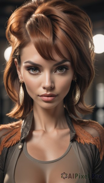 1girl,solo,breasts,looking at viewer,short hair,bangs,large breasts,brown hair,cleavage,brown eyes,jewelry,medium breasts,closed mouth,collarbone,jacket,upper body,earrings,medium hair,blurry,lips,see-through,eyelashes,makeup,depth of field,blurry background,portrait,freckles,realistic,nose,artist name,feathers