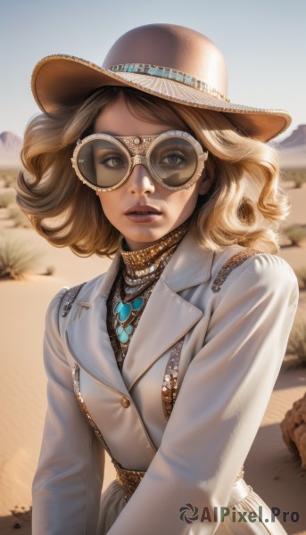 1girl,solo,looking at viewer,short hair,blonde hair,brown hair,long sleeves,hat,dress,brown eyes,jewelry,jacket,upper body,outdoors,parted lips,sky,teeth,day,artist name,signature,medium hair,necklace,white dress,blurry,lips,coat,looking to the side,buttons,blurry background,looking away,sunglasses,white jacket,gem,curly hair,sun hat,realistic,nose,sand,brown headwear,white coat,looking afar,tinted eyewear,desert,yellow-framed eyewear