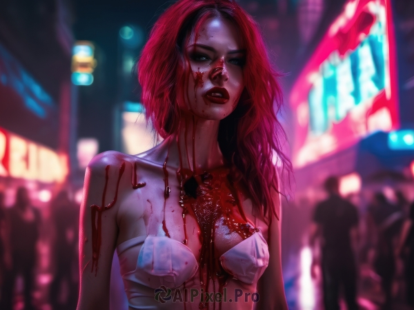 1girl,solo,long hair,breasts,looking at viewer,black hair,bare shoulders,medium breasts,swimsuit,upper body,pink hair,bikini,red hair,multicolored hair,small breasts,outdoors,parted lips,solo focus,blurry,two-tone hair,lips,blood,makeup,night,blurry background,white bikini,blood on face,city,realistic,nose,blood on clothes,open mouth,blue eyes,collarbone,bra,covered nipples,depth of field,micro bikini