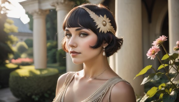 1girl,solo,looking at viewer,short hair,bangs,brown hair,black hair,hair ornament,dress,bare shoulders,brown eyes,jewelry,collarbone,upper body,flower,hairband,earrings,outdoors,parted lips,day,hair flower,necklace,blurry,lips,eyelashes,blurry background,sunlight,plant,realistic,nose,pillar,column,depth of field,leaf,portrait,pink flower