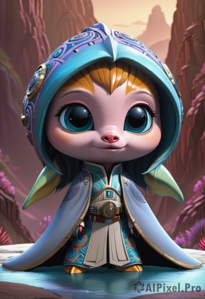 1girl,solo,looking at viewer,smile,blue eyes,blonde hair,closed mouth,standing,full body,outdoors,pointy ears,belt,artist name,hood,chibi,cape,tree,cloak,furry,hood up,mountain,blue cape,yordle,blush,colored skin,watermark,helmet,web address,furry female