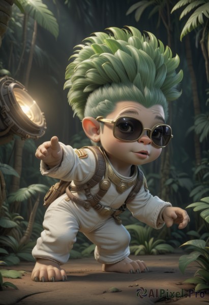 solo,looking at viewer,smile,short hair,long sleeves,1boy,standing,full body,male focus,outdoors,green hair,glasses,barefoot,pointy ears,belt,tree,leaf,sunglasses,plant,nature,forest,round eyewear,overalls,male child,teeth,aged down,pointing,child