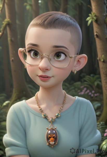 1girl,solo,breasts,looking at viewer,smile,short hair,brown hair,shirt,brown eyes,jewelry,green eyes,upper body,short sleeves,grey hair,earrings,outdoors,parted lips,glasses,necklace,blurry,tree,lips,eyelashes,blurry background,blue shirt,nature,forest,freckles,realistic,nose,round eyewear,very short hair,yellow-framed eyewear,pointy ears,forehead