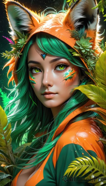 1girl,solo,long hair,breasts,looking at viewer,bangs,animal ears,cleavage,medium breasts,closed mouth,green eyes,upper body,green hair,artist name,signature,hood,from side,lips,animal ear fluff,fox ears,eyelashes,hoodie,makeup,leaf,watermark,facial mark,plant,gem,web address,eyeshadow,nose,eyeliner,facepaint,forehead jewel,ears through headwear,hair ornament,flower,hair flower,thick eyebrows,slit pupils,light particles,freckles,clover,four-leaf clover