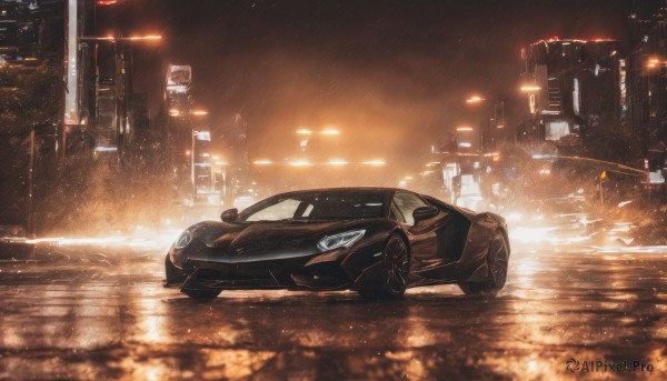 outdoors,sky,no humans,night,ground vehicle,building,scenery,motor vehicle,reflection,rain,city,realistic,car,light,road,cityscape,vehicle focus,lamppost,street,skyscraper,city lights,lights,sports car