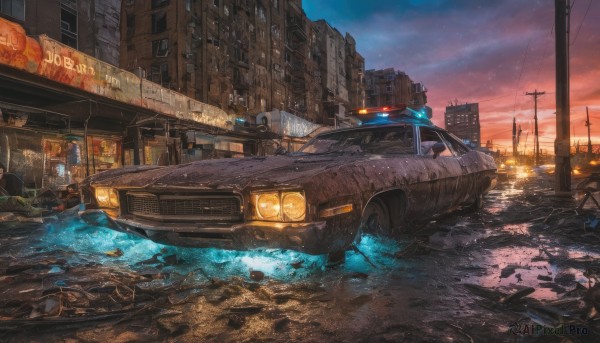 A glimpse of a motor vehicle in a ethereal sunset outdoors