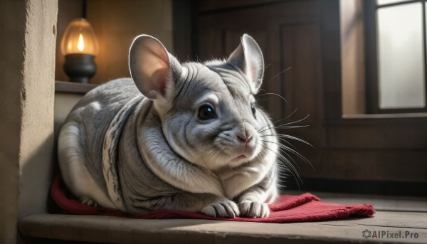 HQ,solo,looking at viewer,blue eyes,closed mouth,full body,indoors,blurry,black eyes,no humans,window,depth of field,blurry background,animal,cat,realistic,animal focus,mouse,whiskers,signature,chair,table,colored sclera,wooden floor,door