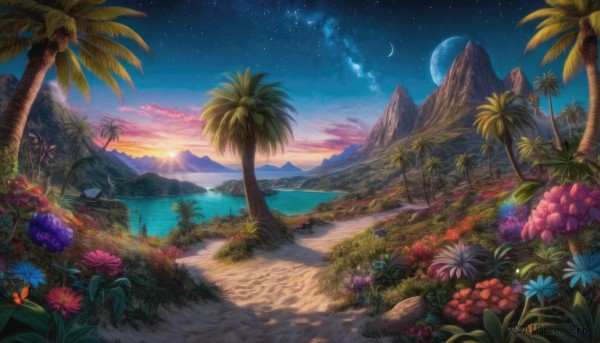 A charming sunset outdoors with a landscape