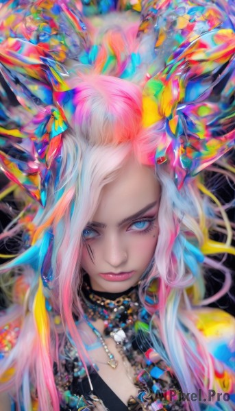 1girl,solo,long hair,looking at viewer,blue eyes,hair ornament,jewelry,closed mouth,blue hair,upper body,pink hair,white hair,multicolored hair,choker,dark skin,necklace,mole,lips,eyelashes,mole under eye,gradient hair,makeup,facial mark,lipstick,portrait,forehead,eyeshadow,pink lips,nose,red lips,eyeliner,colorful,mascara,flower,earrings,two-tone hair,feathers,gem,feather hair ornament