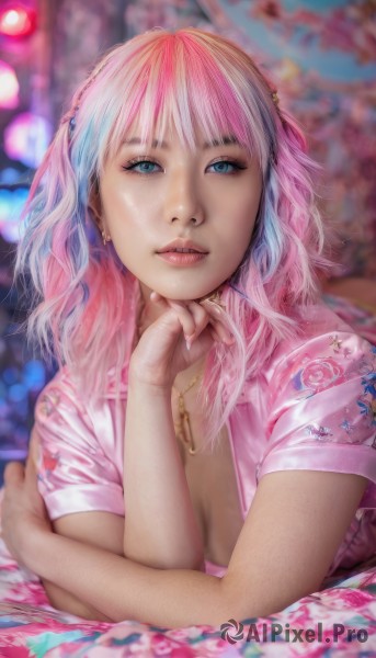 1girl,solo,long hair,breasts,looking at viewer,bangs,blue eyes,shirt,cleavage,jewelry,medium breasts,blue hair,upper body,pink hair,short sleeves,multicolored hair,earrings,lying,parted lips,open clothes,teeth,necklace,nail polish,blurry,two-tone hair,lips,fingernails,eyelashes,gradient hair,depth of field,blurry background,piercing,floral print,ring,on stomach,freckles,head rest,realistic,nose,dress,chinese clothes