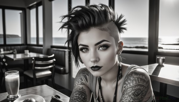 1girl,solo,looking at viewer,short hair,black hair,jewelry,closed mouth,collarbone,monochrome,upper body,greyscale,earrings,indoors,necklace,blurry,cup,lips,eyelashes,window,tattoo,makeup,chair,piercing,table,lipstick,ear piercing,plate,spot color,realistic,arm tattoo,undercut,mascara,breasts,cleavage,bare shoulders,water,ocean,wind,eyeshadow,drinking glass,hoop earrings,eyeliner,very short hair,shoulder tattoo,mohawk,nose piercing,eyebrow piercing