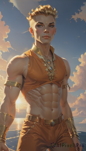 solo,looking at viewer,short hair,blue eyes,blonde hair,1boy,navel,bare shoulders,jewelry,closed mouth,standing,male focus,cowboy shot,earrings,outdoors,sky,sleeveless,day,midriff,belt,pants,cloud,water,necklace,bracelet,blue sky,lips,crop top,muscular,ocean,beach,piercing,abs,sunlight,ring,cloudy sky,pectorals,muscular male,gem,armlet,backlighting,freckles,toned,sunset,realistic,nose,sun,horizon,bracer,navel piercing,forehead jewel,1girl,artist name,tattoo,facial mark,ear piercing,armband,very short hair,undercut