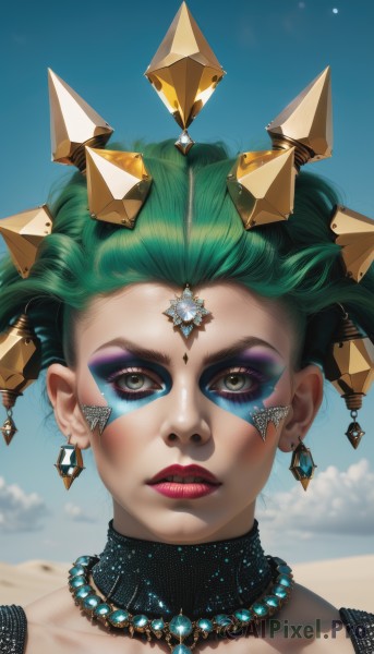 1girl,solo,looking at viewer,short hair,hair ornament,brown eyes,jewelry,closed mouth,green eyes,collarbone,earrings,outdoors,green hair,sky,choker,day,artist name,cloud,necklace,blue sky,lips,makeup,facial mark,lipstick,gem,portrait,eyeshadow,nose,red lips,eyeliner,facepaint,mascara,parted lips,eyelashes,realistic