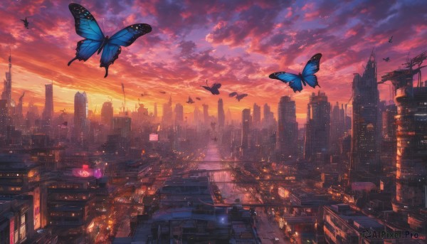 outdoors, sky, cloud, dutch angle, no humans, cloudy sky, bug, building, butterfly, scenery, sunset, city, cityscape, twilight, skyscraper, blue butterfly