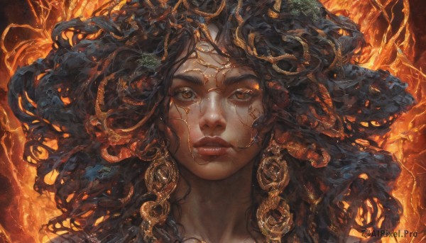 A female captured beautifully in a inviting fiery dynamic scene