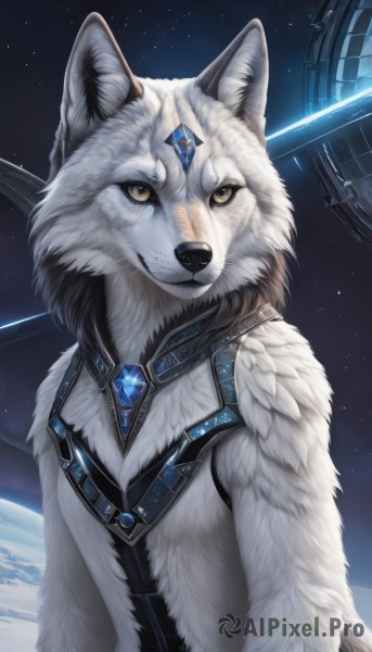 solo,looking at viewer,smile,jewelry,yellow eyes,upper body,male focus,sky,artist name,signature,no humans,animal,brooch,gem,star (sky),furry,starry sky,dog,space,white fur,planet,wolf,blue gemstone,red gemstone,closed mouth,crystal,realistic,earth (planet)