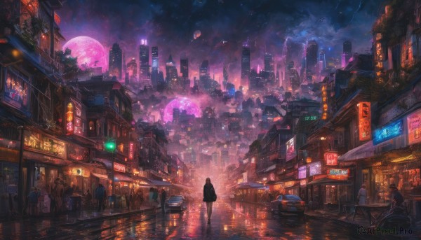 1girl, multiple girls, outdoors, multiple boys, sky, cloud, dutch angle, night, moon, ground vehicle, building, night sky, scenery, motor vehicle, full moon, science fiction, city, sign, car, road, cityscape, street, skyscraper, red moon, city lights, cyberpunk, neon lights, crosswalk