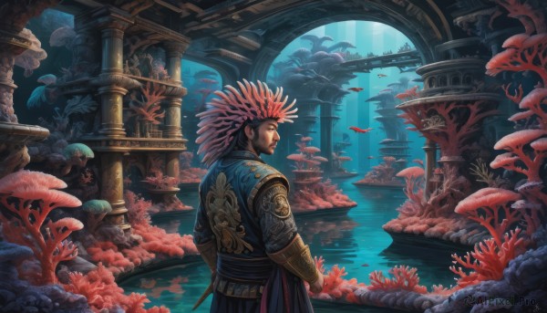 solo,looking at viewer,1boy,standing,weapon,pink hair,male focus,looking back,signature,water,from behind,profile,facial hair,scenery,fish,underwater,vambraces,bracer,architecture,pillar,arch,coral,column,brown hair,black hair,beard