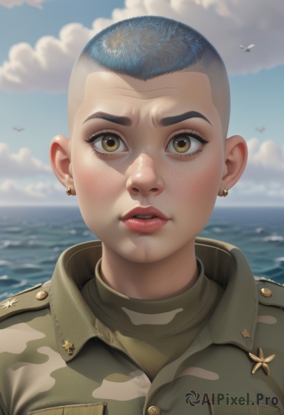 1girl,solo,looking at viewer,short hair,brown eyes,jewelry,blue hair,jacket,yellow eyes,upper body,earrings,outdoors,parted lips,sky,teeth,day,artist name,cloud,water,blurry,uniform,blue sky,lips,military,eyelashes,military uniform,blurry background,bird,ocean,ear piercing,portrait,close-up,freckles,green jacket,realistic,nose,very short hair,camouflage,military jacket,seagull,world war ii,camouflage jacket,cloudy sky,horizon