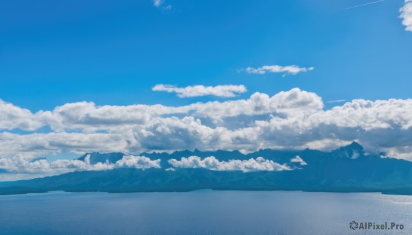 monochrome,outdoors,sky,day,cloud,water,blue sky,no humans,ocean,cloudy sky,scenery,blue theme,mountain,horizon,landscape,mountainous horizon,cumulonimbus cloud,nature,reflection