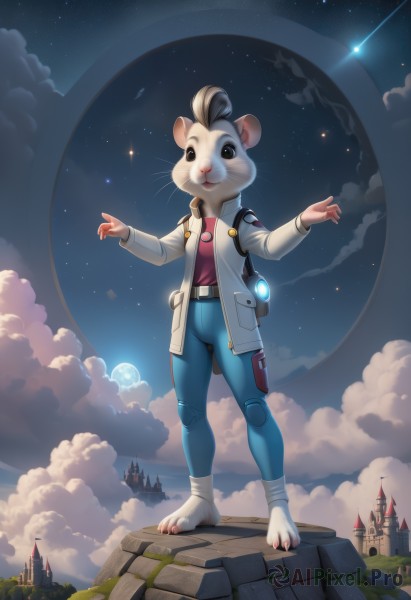 1girl,solo,looking at viewer,smile,shirt,long sleeves,1boy,animal ears,brown eyes,closed mouth,standing,jacket,tail,full body,outdoors,open clothes,sky,barefoot,belt,pants,artist name,cloud,signature,bag,star (symbol),black eyes,open jacket,hands up,night,watermark,bandages,moon,happy,white jacket,backpack,cloudy sky,building,red shirt,star (sky),night sky,web address,furry,full moon,starry sky,mouse ears,furry female,blue pants,toeless legwear,body fur,planet,animal nose,mouse,castle,whiskers,shooting star,male focus