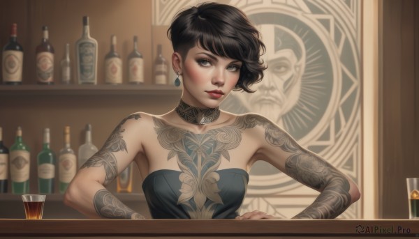 1girl,solo,breasts,looking at viewer,short hair,bangs,black hair,dress,bare shoulders,jewelry,medium breasts,upper body,earrings,parted lips,choker,indoors,black eyes,black dress,cup,lips,looking to the side,grey eyes,eyelashes,strapless,tattoo,makeup,black choker,bottle,lipstick,strapless dress,alcohol,drinking glass,realistic,nose,red lips,arm tattoo,shoulder tattoo,chest tattoo,wine bottle,bar (place),collarbone,armpits,bare arms,swept bangs,eyeliner,wine glass,wine,mascara