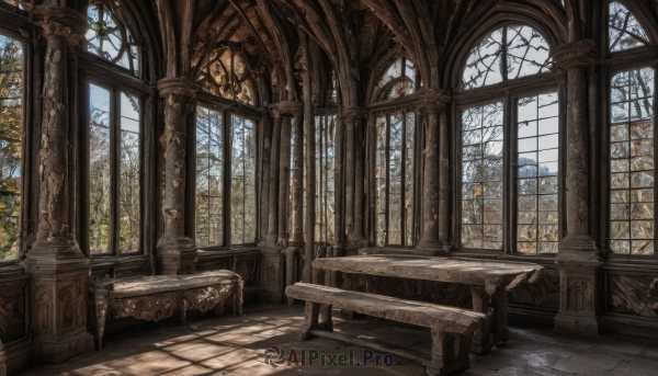 outdoors,sky,day,cloud,indoors,tree,blue sky,dutch angle,no humans,window,chair,table,sunlight,scenery,couch,stairs,fantasy,bench,architecture,tile floor,pillar,statue,church,arch,column,bird,cloudy sky,plant,wooden floor,candle,candlestand,reflective floor,chandelier