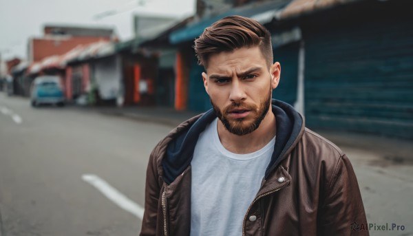 solo,short hair,brown hair,shirt,1boy,jacket,white shirt,upper body,male focus,outdoors,parted lips,open clothes,hood,blurry,open jacket,blurry background,facial hair,beard,meme,brown jacket,mature male,realistic,mustache,leather,undercut,leather jacket,photo background,looking at viewer,black hair,brown eyes,closed mouth,day,black jacket,depth of field,road