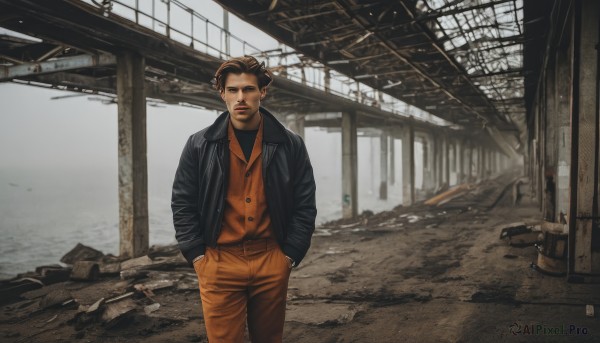 solo,looking at viewer,short hair,brown hair,shirt,black hair,1boy,closed mouth,standing,jacket,male focus,outdoors,open clothes,pants,black eyes,vest,open jacket,black jacket,facial hair,ground vehicle,motor vehicle,science fiction,realistic,hands in pockets,ruins,orange shirt,long sleeves,brown eyes,cowboy shot,collared shirt,indoors,lips,buttons,formal,suit,brown jacket,serious,brown pants,orange jacket,debris,rubble,orange pants