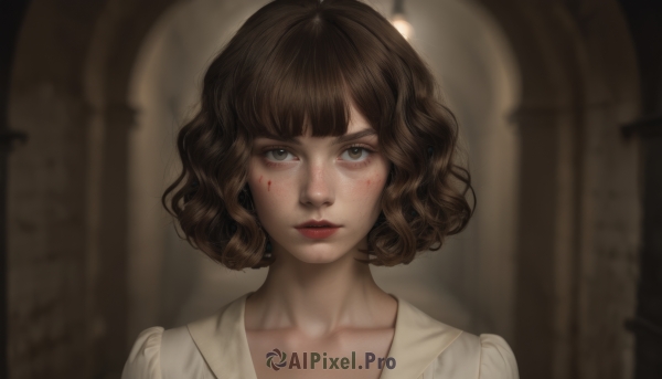 1girl,solo,looking at viewer,short hair,bangs,brown hair,shirt,brown eyes,closed mouth,collarbone,white shirt,upper body,indoors,blurry,lips,blood,makeup,depth of field,blurry background,wavy hair,portrait,freckles,curly hair,blood on face,realistic,nose,red lips,jewelry,earrings,lipstick