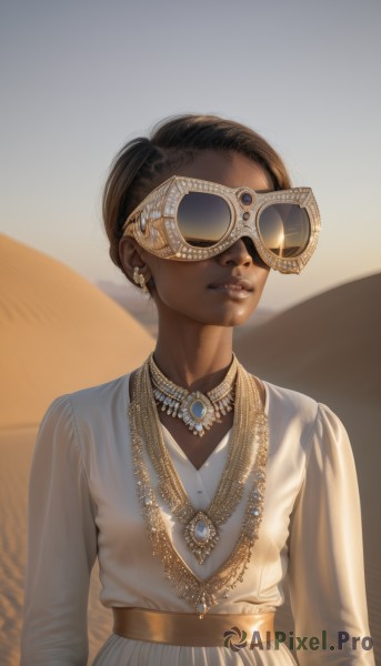 1girl,solo,short hair,brown hair,black hair,long sleeves,dress,jewelry,upper body,earrings,outdoors,parted lips,day,dark skin,necklace,white dress,blurry,dark-skinned female,lips,mask,gem,facing viewer,realistic,nose,sand,very dark skin,desert,piercing,sunglasses,backlighting